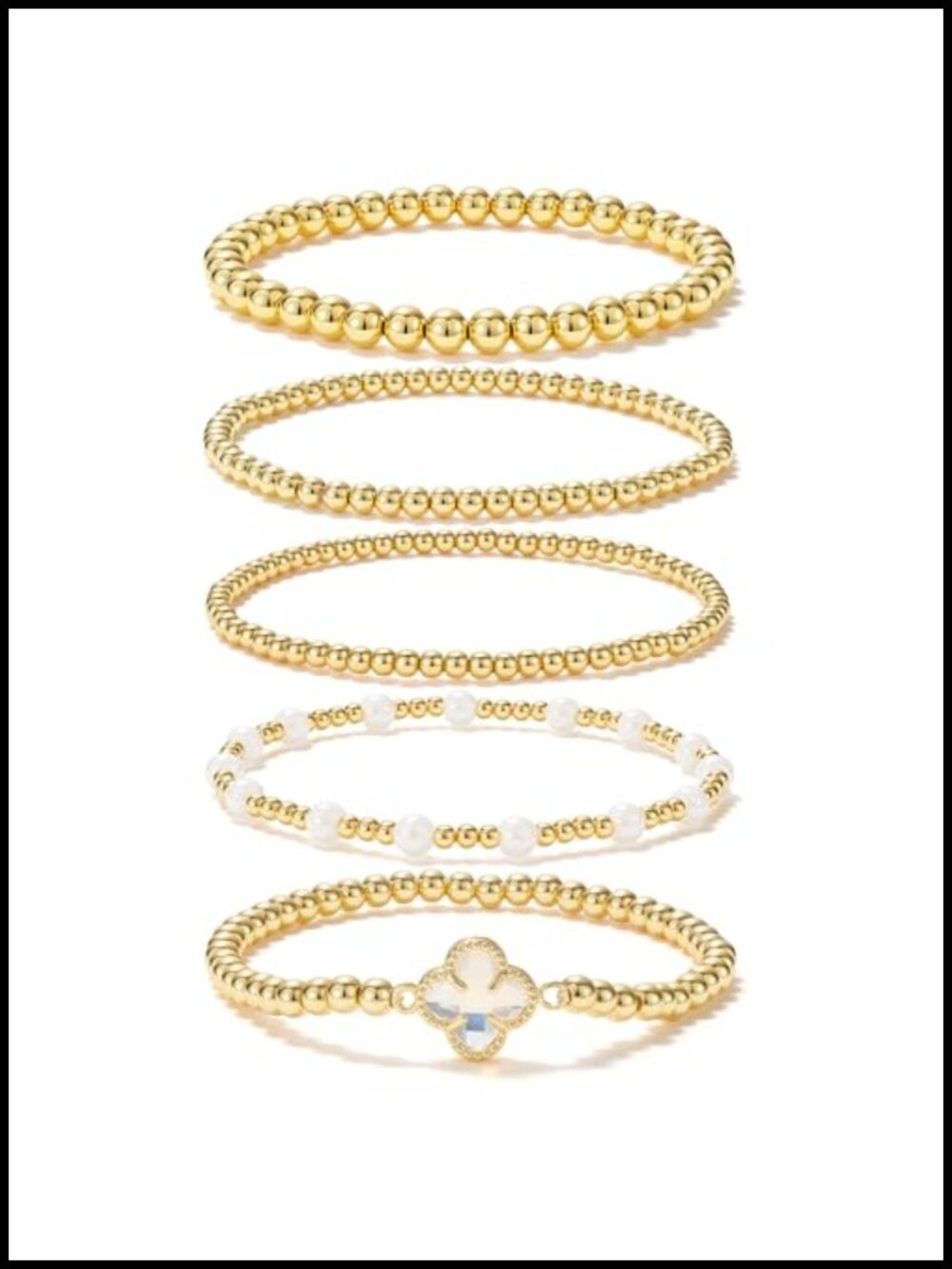 14K Gold Plated Beaded Stretch Bracelets Set for Women - 5 Piece